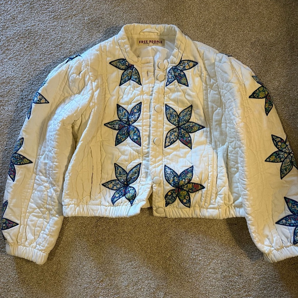 Free People White Quilted Jacket with Floral Accents